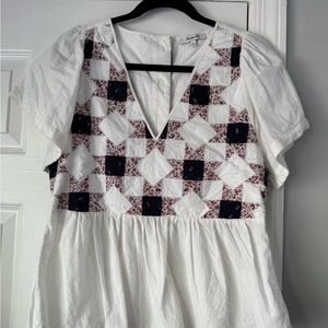 Madewell White Tunic Top with Navy and Burgundy Patchwork